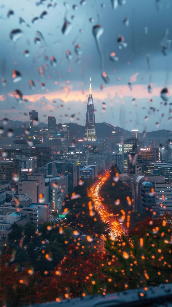Rain scene with landmark architecture cityscape landscape.