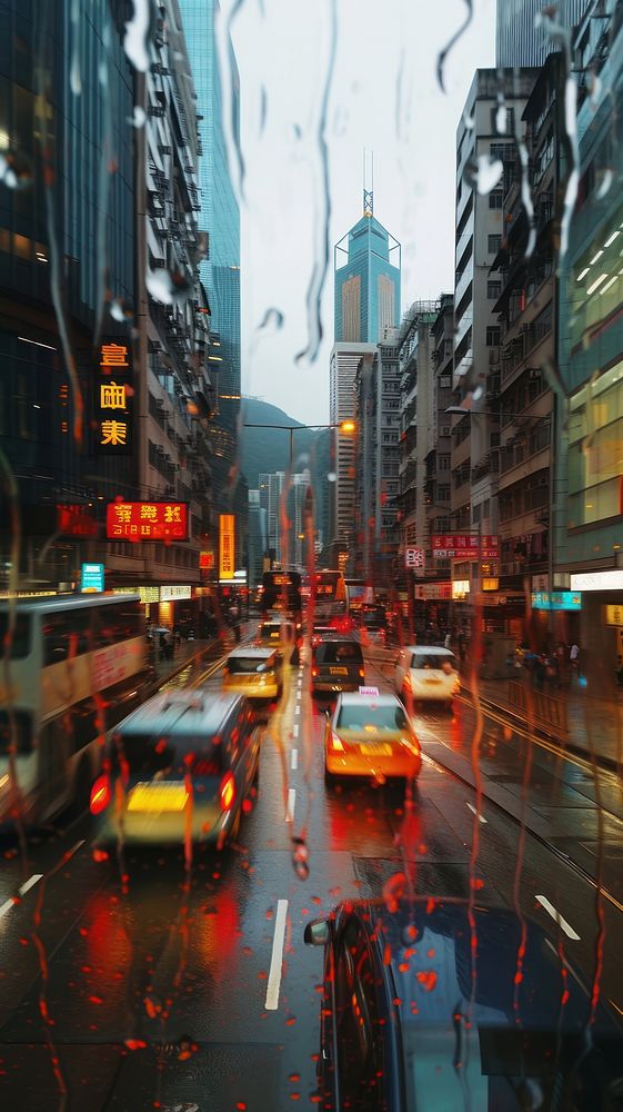 Rain scene with landmark architecture metropolis cityscape.
