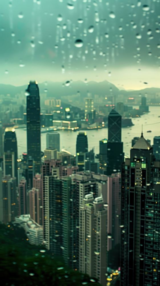 Rain scene with landmark architecture metropolis skyscraper.