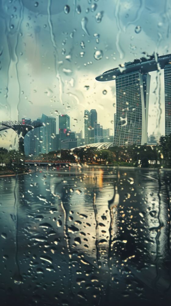 Rain scene with landmark architecture skyscraper landscape.