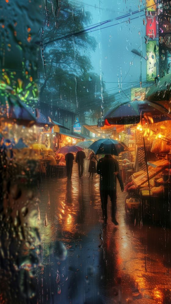 Rain scene with market street adult city.