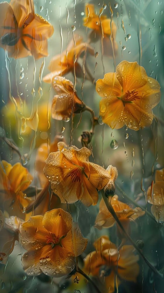 Rain scene with marigoldr outdoors nature flower.
