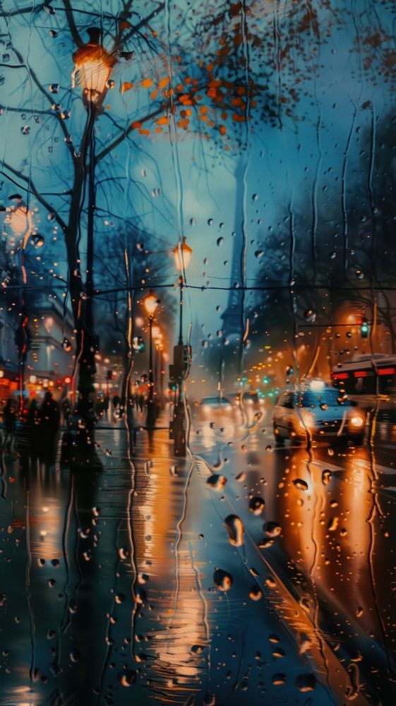 Rain scene with night street outdoors lighting city.