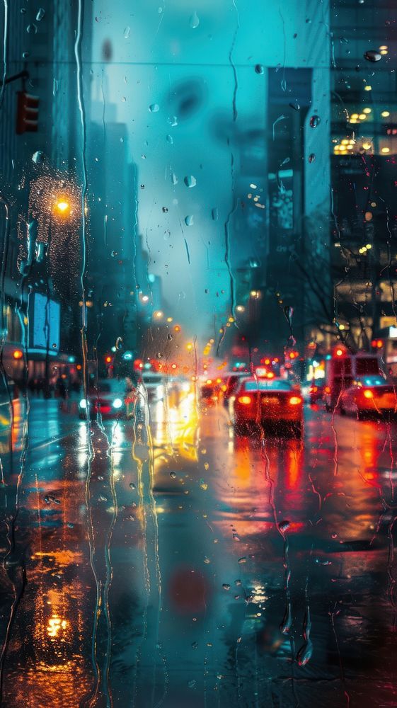 Rain scene with night street architecture cityscape outdoors.