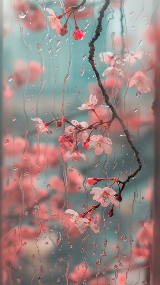 Rain scene with sakura flower plant petal.