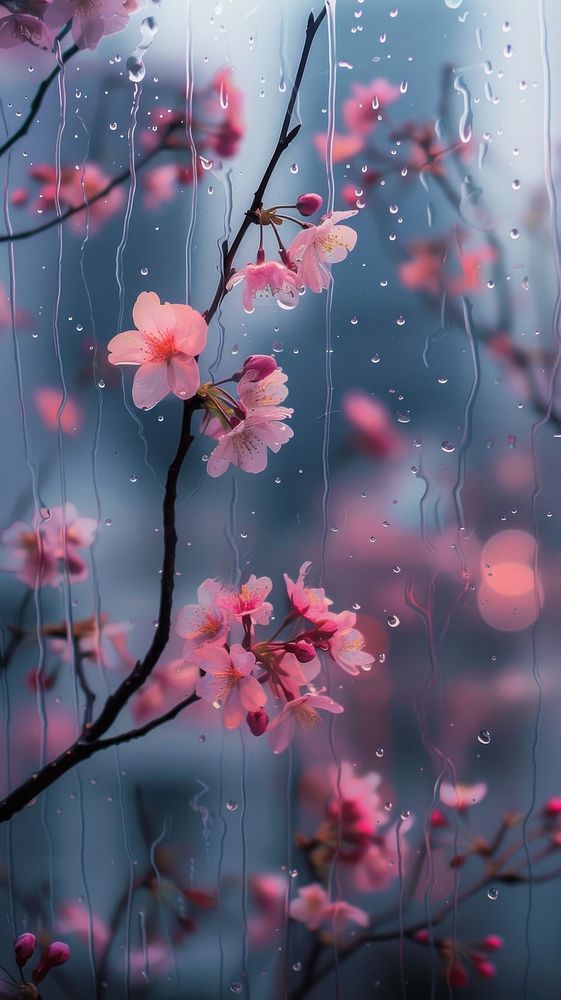 Rain scene with sakura outdoors blossom nature.