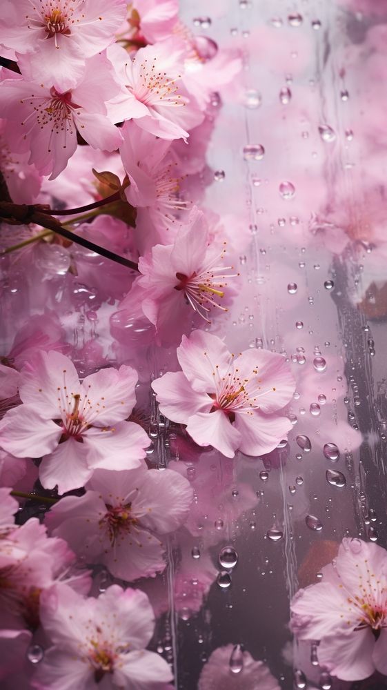 Rain scene with sakuras blossom flower petal.