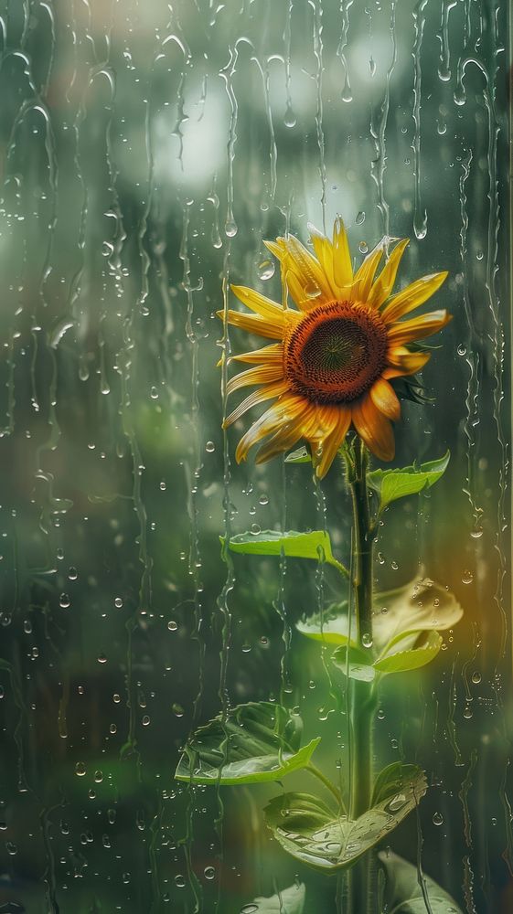 Rain scene with sunflower plant petal glass.