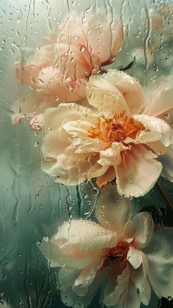 Rain scene with peony flower petal plant.