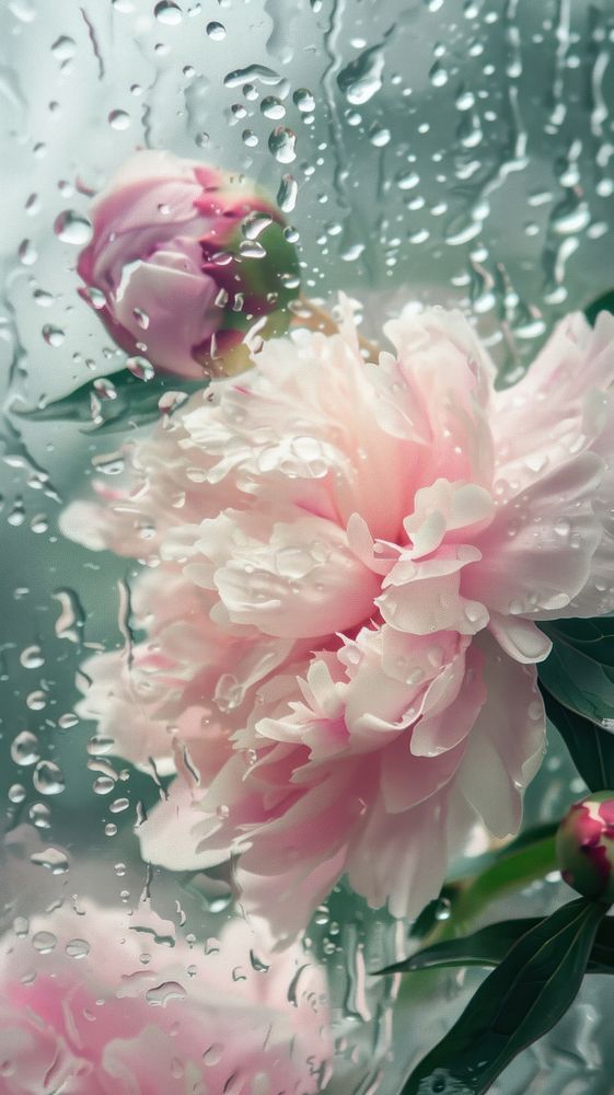 Rain scene with peony blossom flower petal.