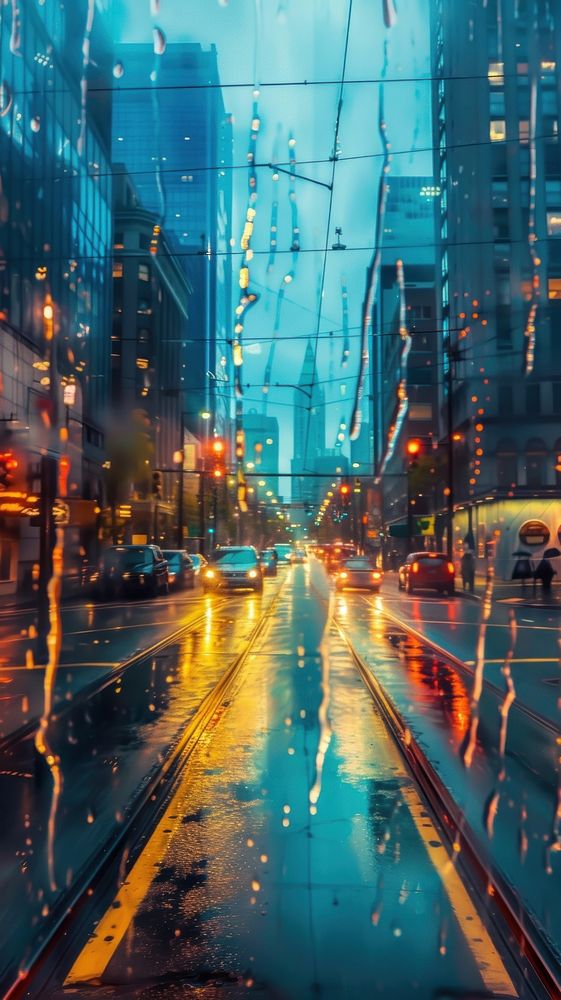 Rain scene with road city architecture cityscape.