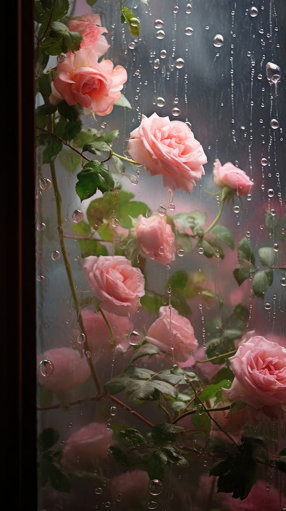 Rain scene with roses flower plant petal.