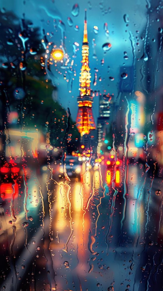 Rain scene with tokyo tower architecture building glass.
