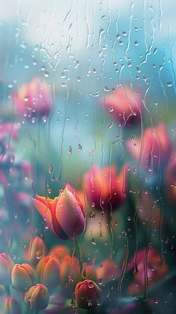 Rain scene with tulips outdoors flower nature.
