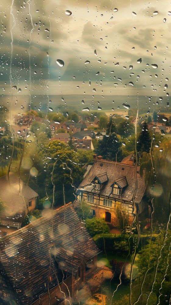 Rain scene with village architecture landscape building.