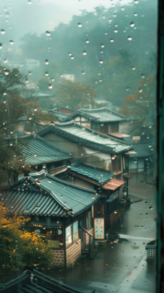 Rain scene with village architecture building outdoors.