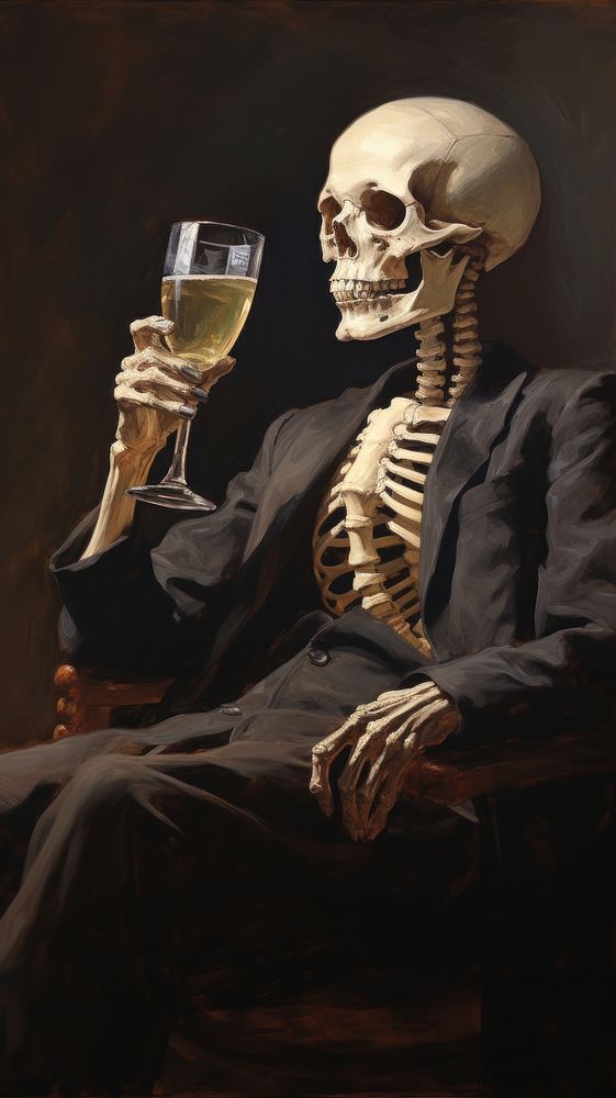 Skeleton drinking painting portrait glass.