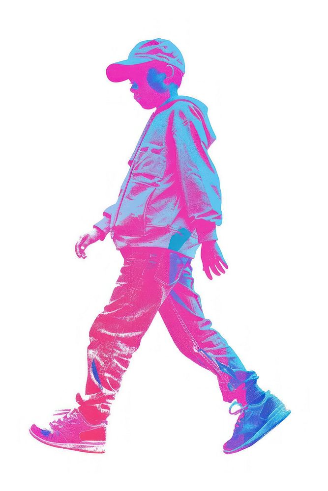 Boy walking Risograph style white background skateboard silhouette.