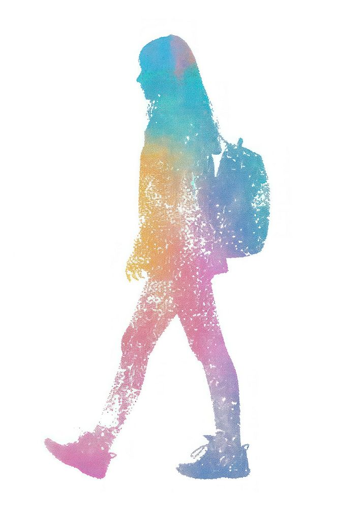 Girl walking Risograph style silhouette adult white background.