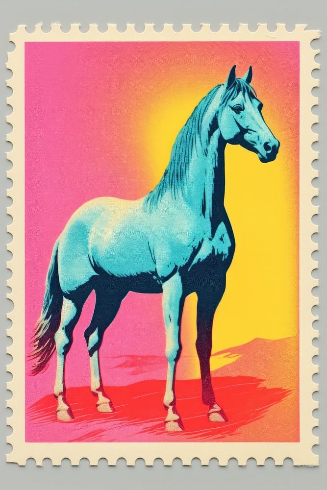 Horse Risograph style animal mammal postage stamp.