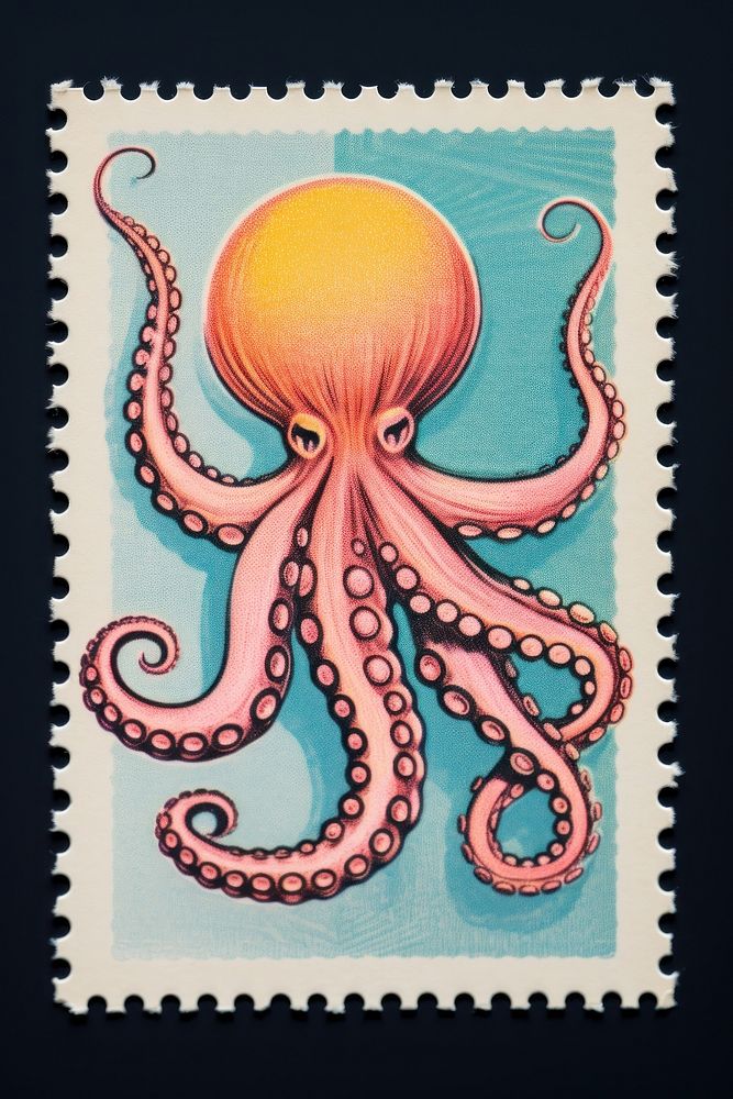 Octopus Risograph style octopus animal postage stamp.