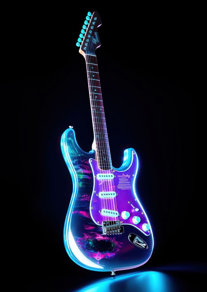 Neon electric guitar light illuminated performance.