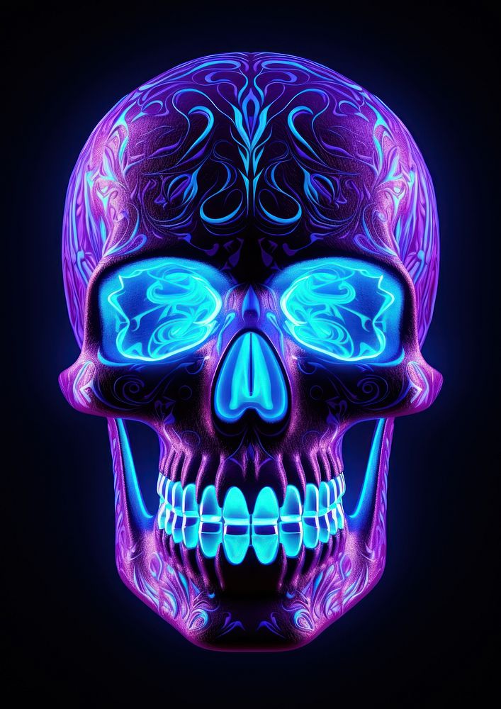 Neon skull purple light illuminated.
