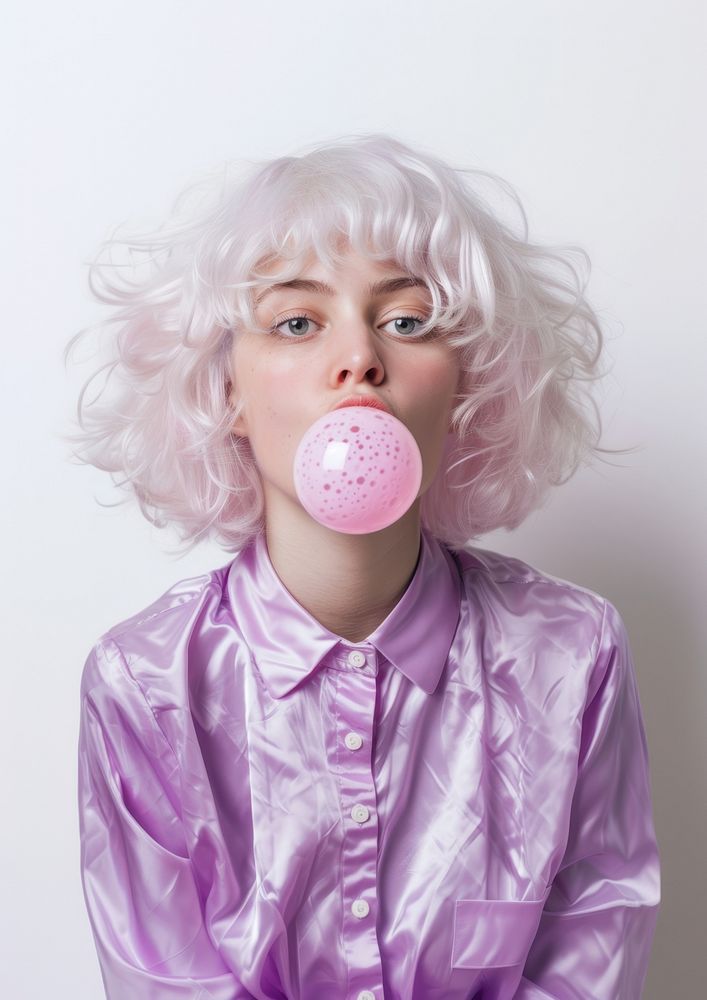 Woman blows off a pink bubble wig portrait purple hair.