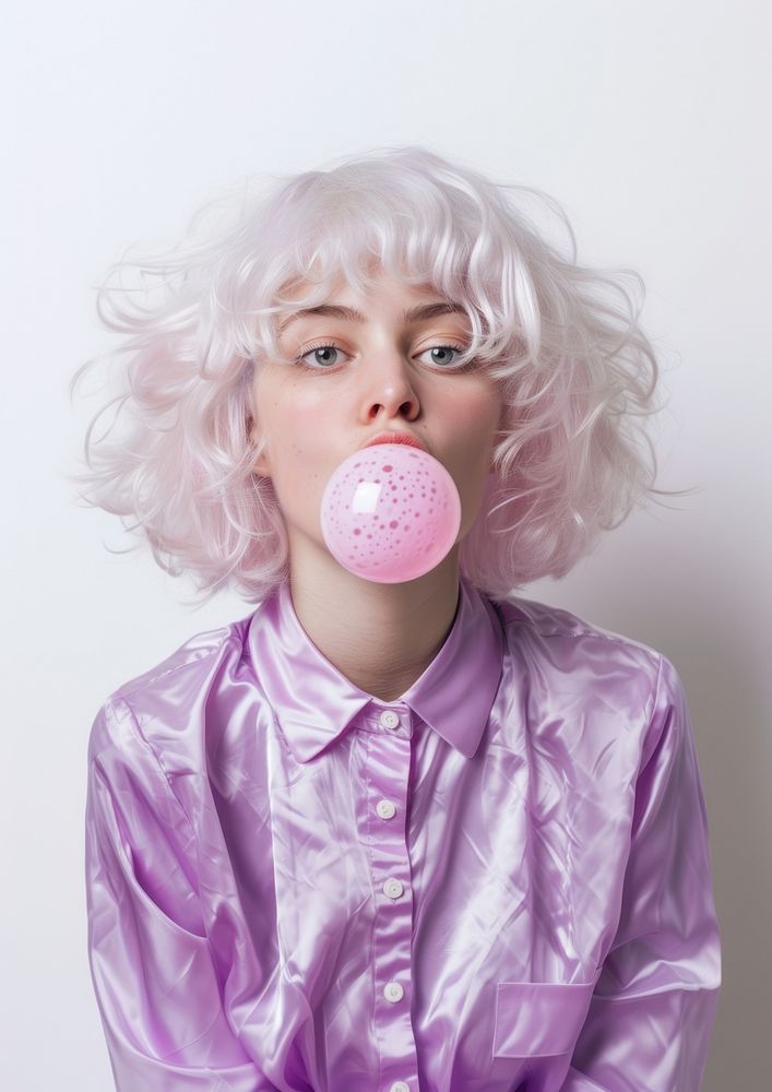 Woman blows pink bubble wig | Premium Photo - rawpixel