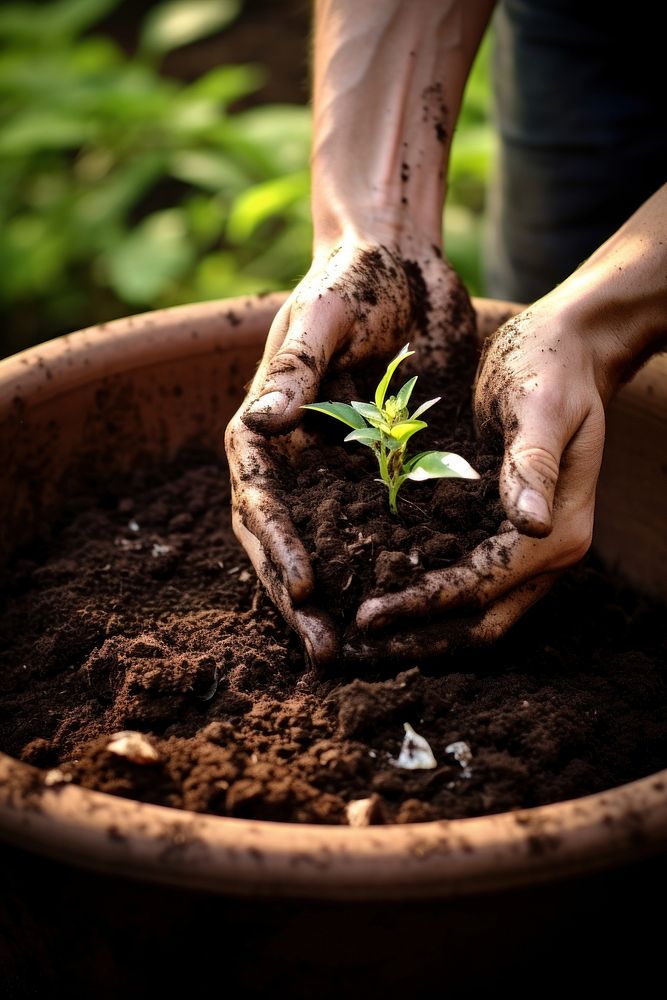 Hand scatter soil gardening planting outdoors.