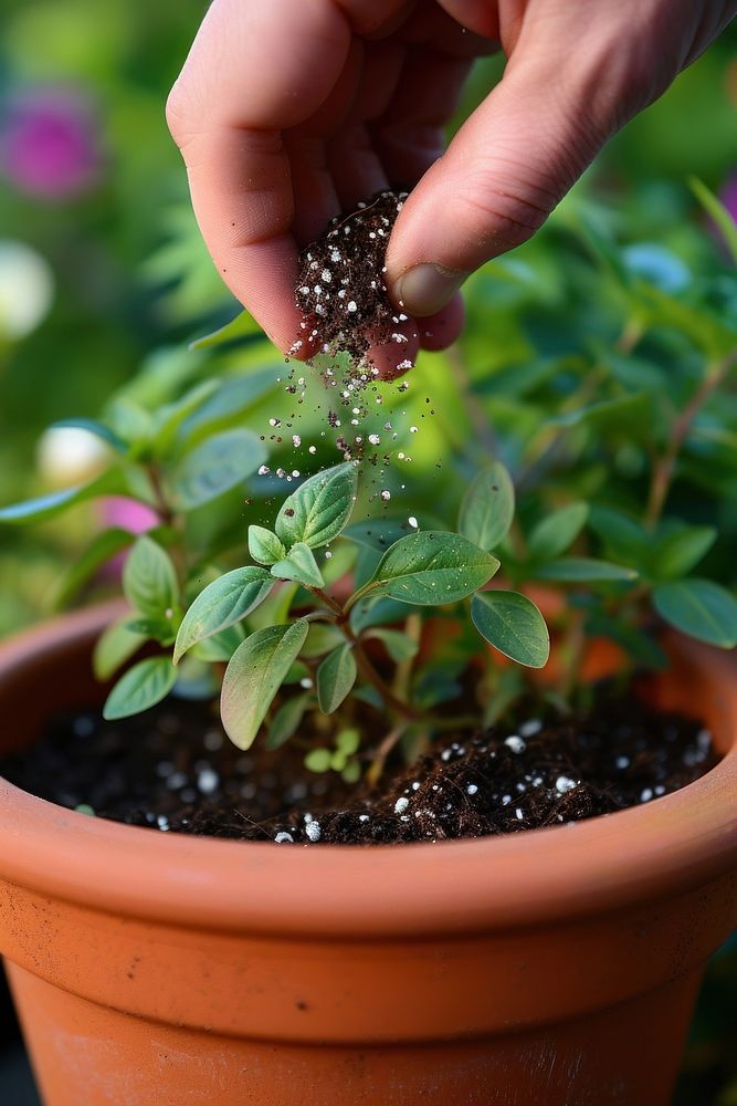 Hand sprinkle soil plant gardening outdoors.