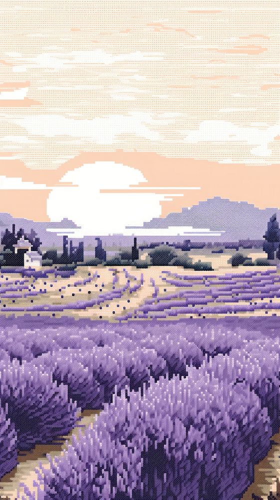 Cross stitch farm lavender field nature landscape outdoors.