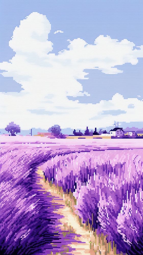 Cross stitch lavender field nature landscape outdoors.