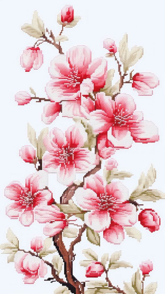 Cross stitch spring flowers embroidery blossom pattern.