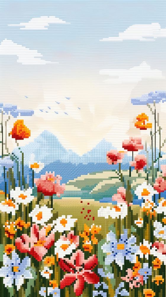 Cross stitch spring flowers nature landscape outdoors.