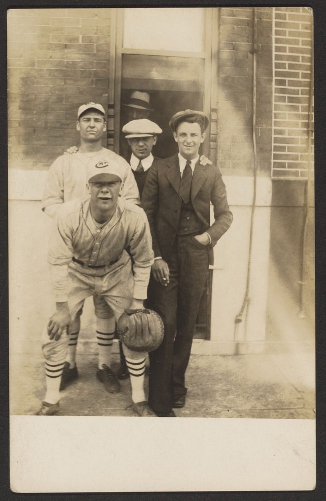 Five men, two in baseball uniforms by John Frank Keith