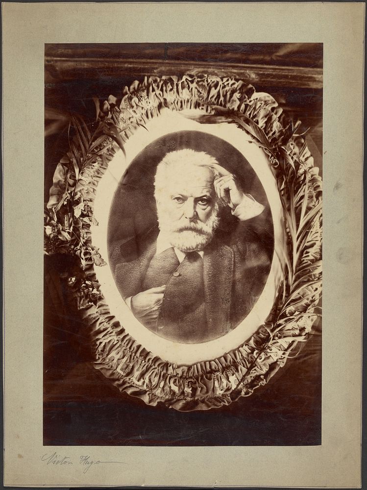 Portrait of Victor Hugo framed by wreath