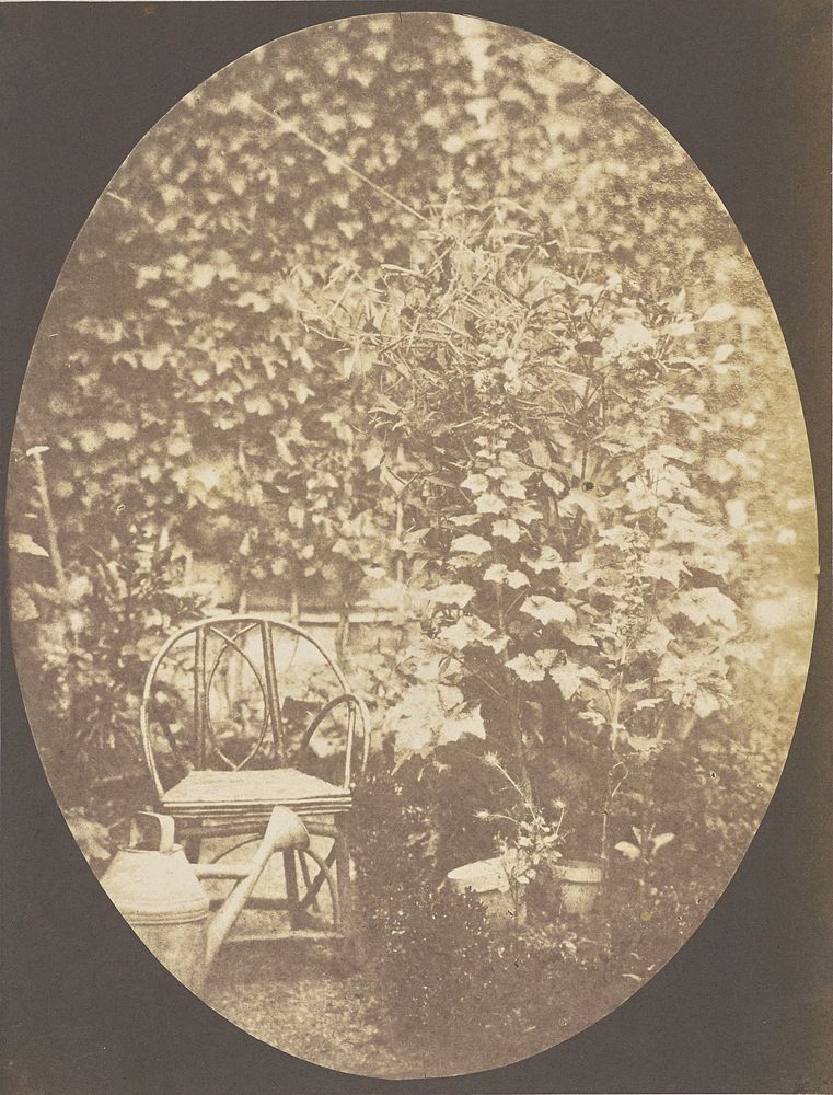 Chair and watering can in a garden by Hippolyte Bayard