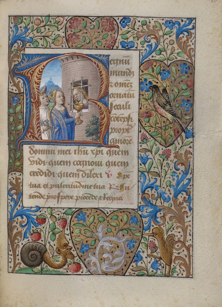 Initial R: Saint Avia in Prison Receiving Communion from the Virgin by Georges Trubert