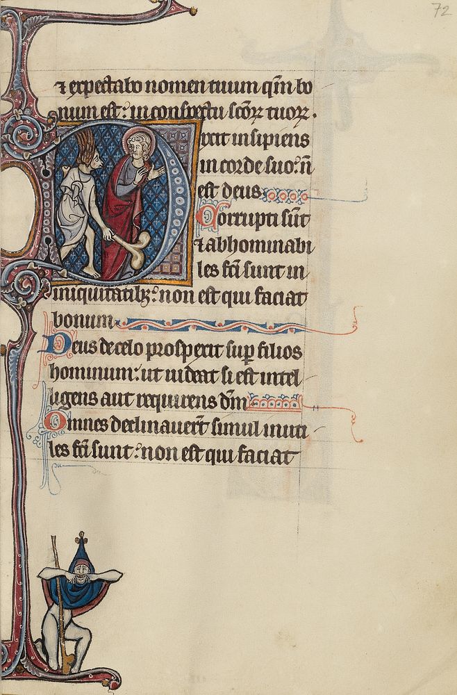 Initial D: The Fool, with a Dog Face and Wearing Winged Headgear, Menacing Christ; bas-de-page A Fool Making Face at the…