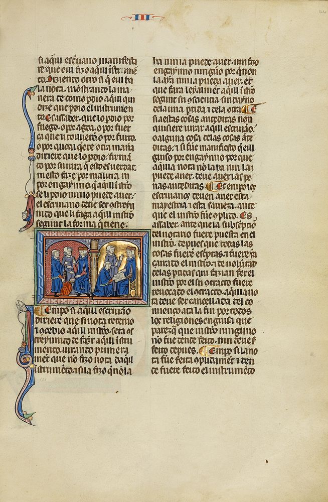 Initial E: A Man Standing before a Judge Pointing to a Fire and Two Men before a Judge by Michael Lupi de Çandiu