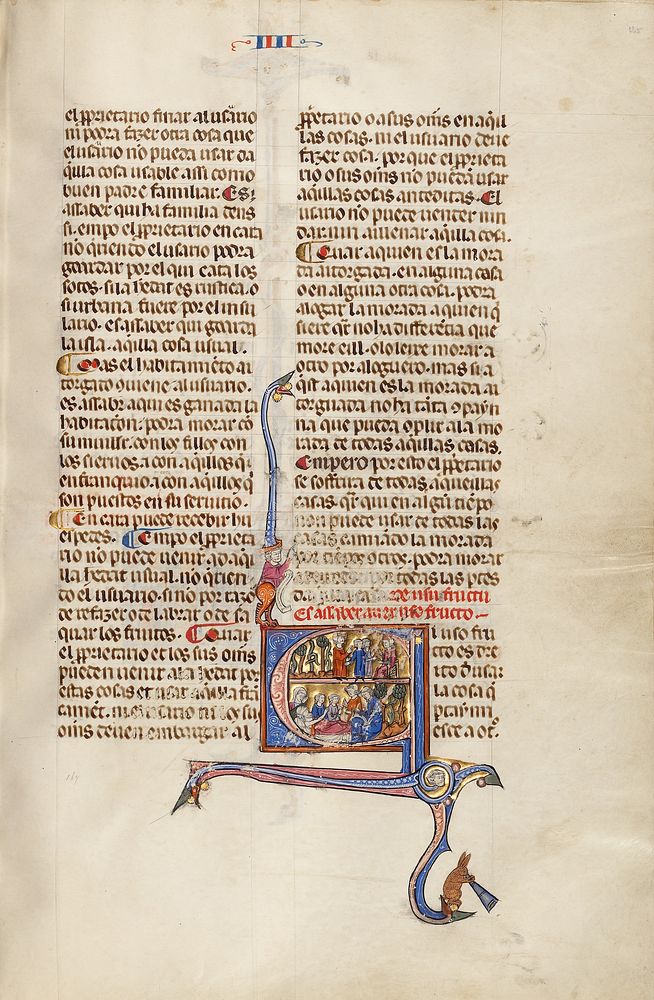 Initial E: A Man with Children before a Judge and An Old Man in his Sickbed Dictating to Another Man by Michael Lupi de…