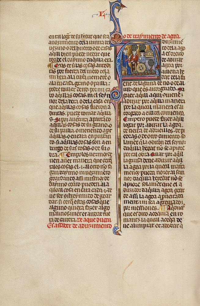 Initial A: A Judge and Two Men Pointing to an Aquaduct and a Millwheel by Michael Lupi de Çandiu