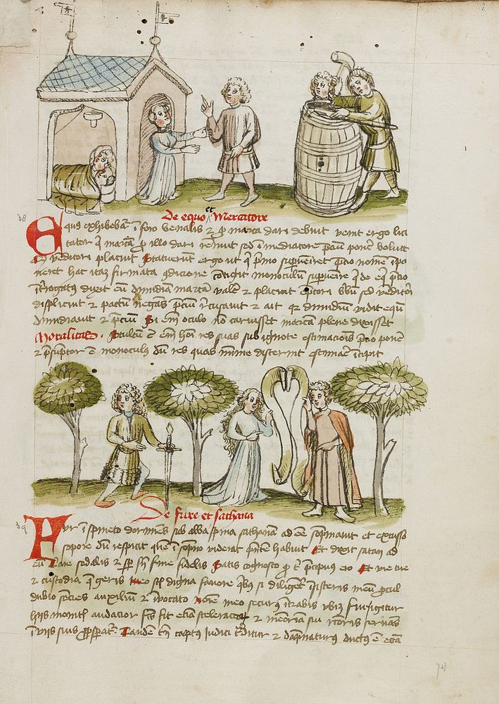 A Woman Greating a Man before her House in which a Man and A Woman Lay in Bed; Two Men Making Casks; A Man with Pigs and a…