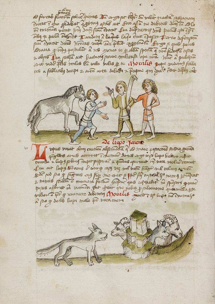 A Man Leading a Horse to Two Other Men; A Wolf before a Flock of Sheep and Rams