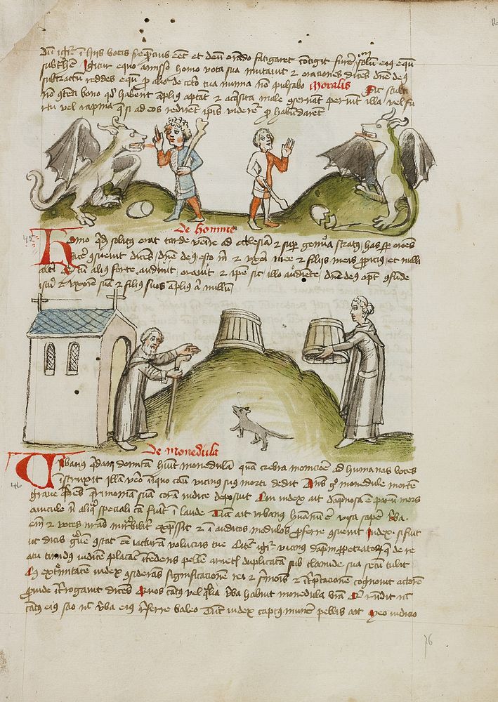 A Dragon and a Farmer with a Club; A Hermit before a Chapel and a Maidservant Placing a Bucket over a Mouse