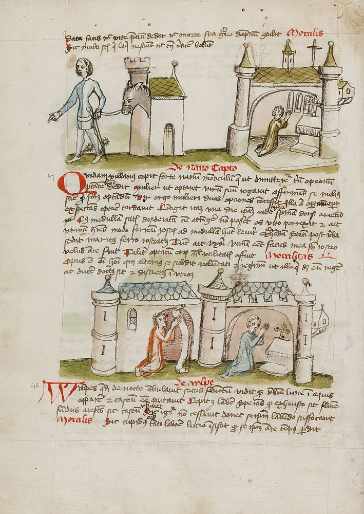 A Man with a Sword and Spurs Leading a Donkey from his House while a Man Prays in a Nearby Church; Two People Praying in a…