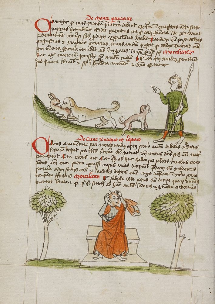 A Dog Biting a Hare and A Hunter Speaking to the Dog; A Man with a Tonsure About to Sit on a Fly