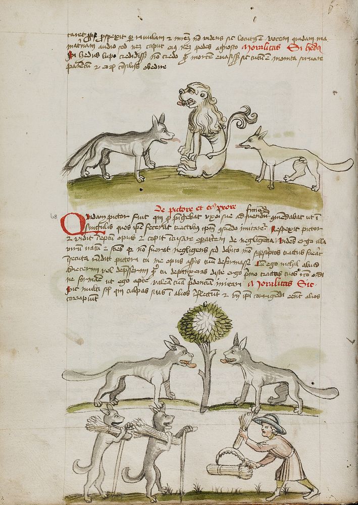 Fox and Wolf before a Lion; Two Wolves under a Tree Dragging Bales of Wheat; A Farmer Bundling Sheaves of Wheat