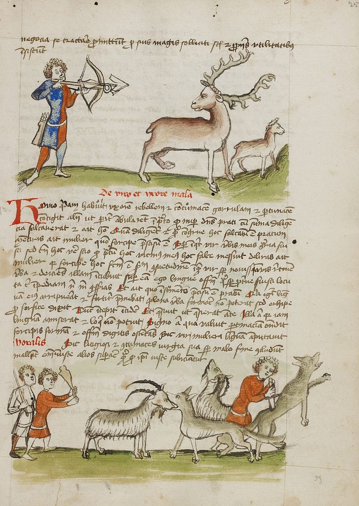 A Hunter Aiming an Arrow at a Stag, a Deer Standing Nearby; Two Men with Staffs and Clubs Rushing toward a Goat, which a…